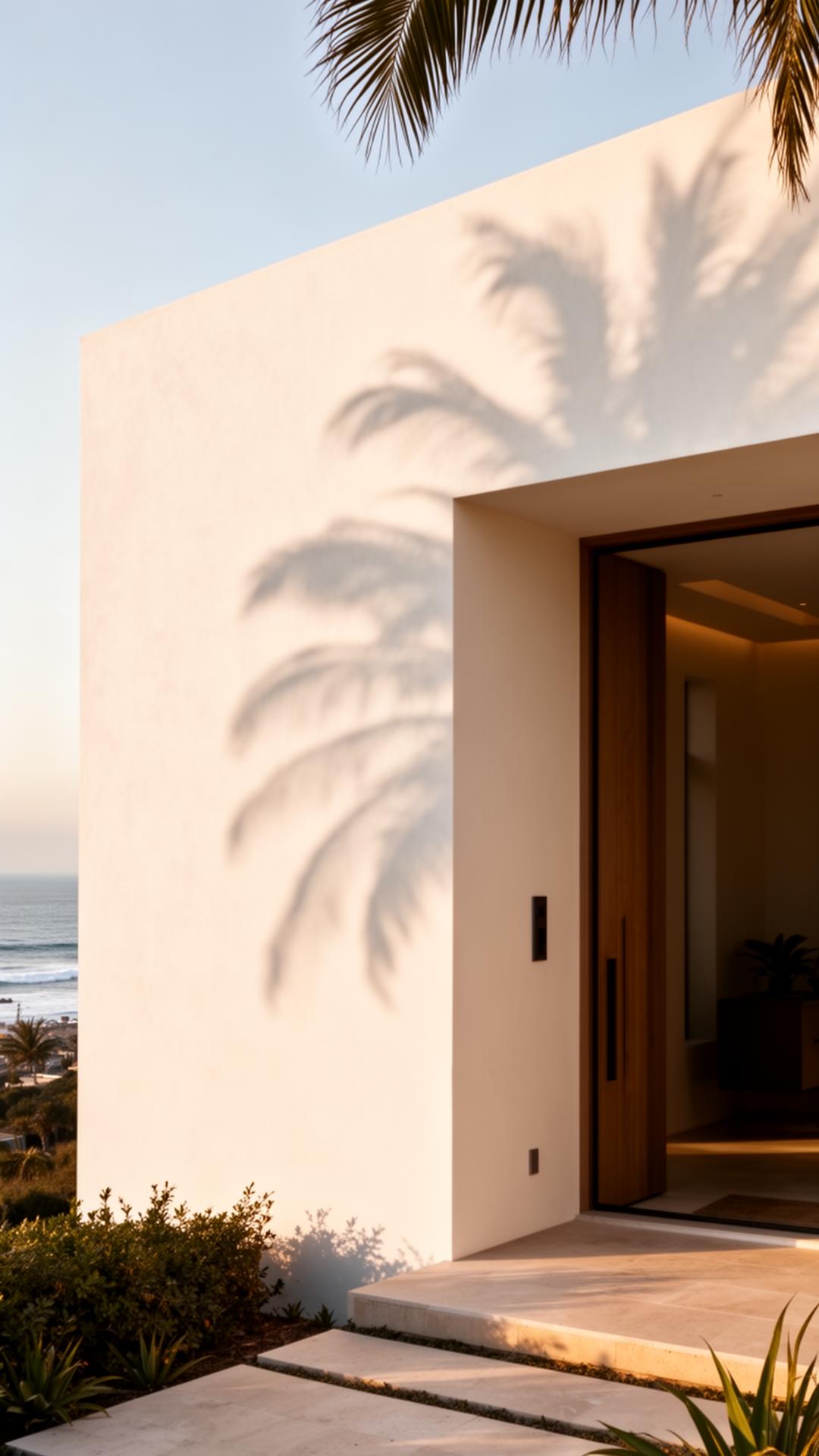 La Jolla villa entrance with palm shadows